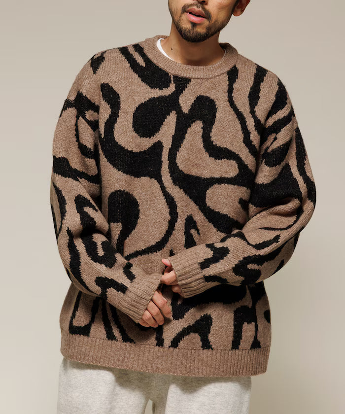 All-over Pattern Double Jacquard Knit Crew Neck Pullover / Relaxed Fit