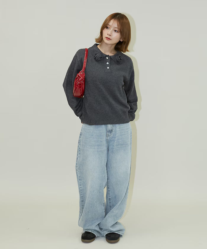 Polo knit pullover with flower motif - limited edition
