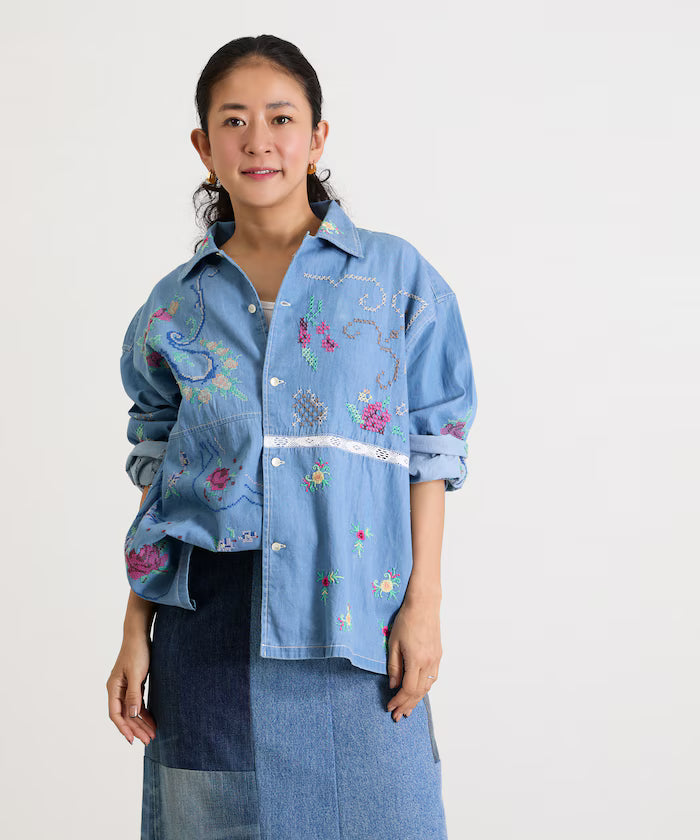 Open Collar Embroidered Shirt Jacket