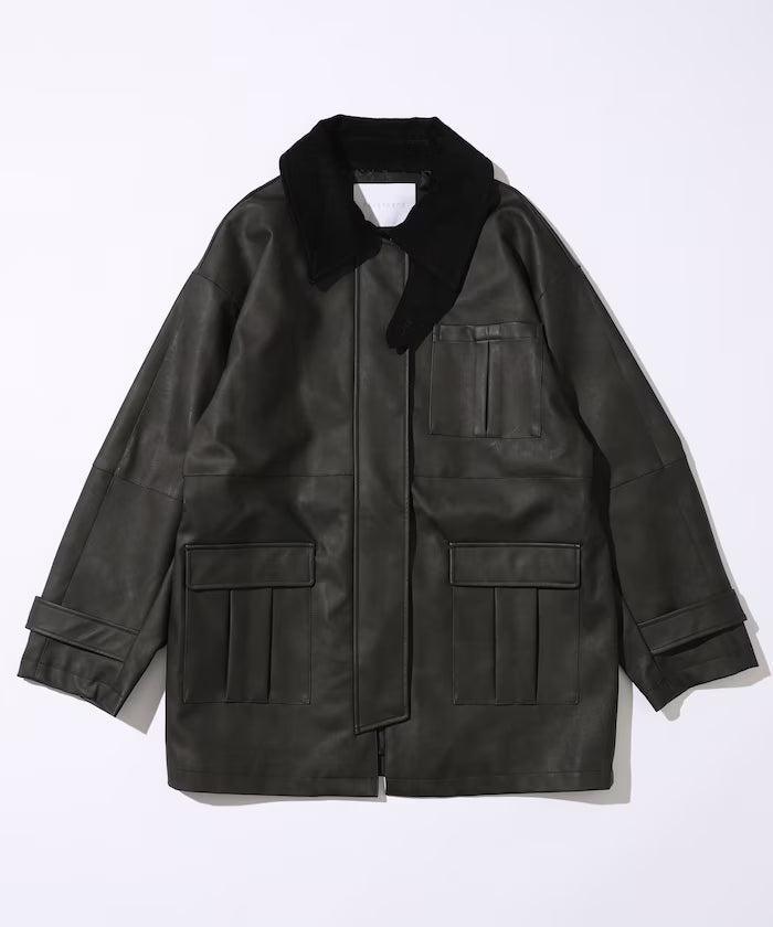 Oversized Crush Leatherette Jacket / Collar Corduroy