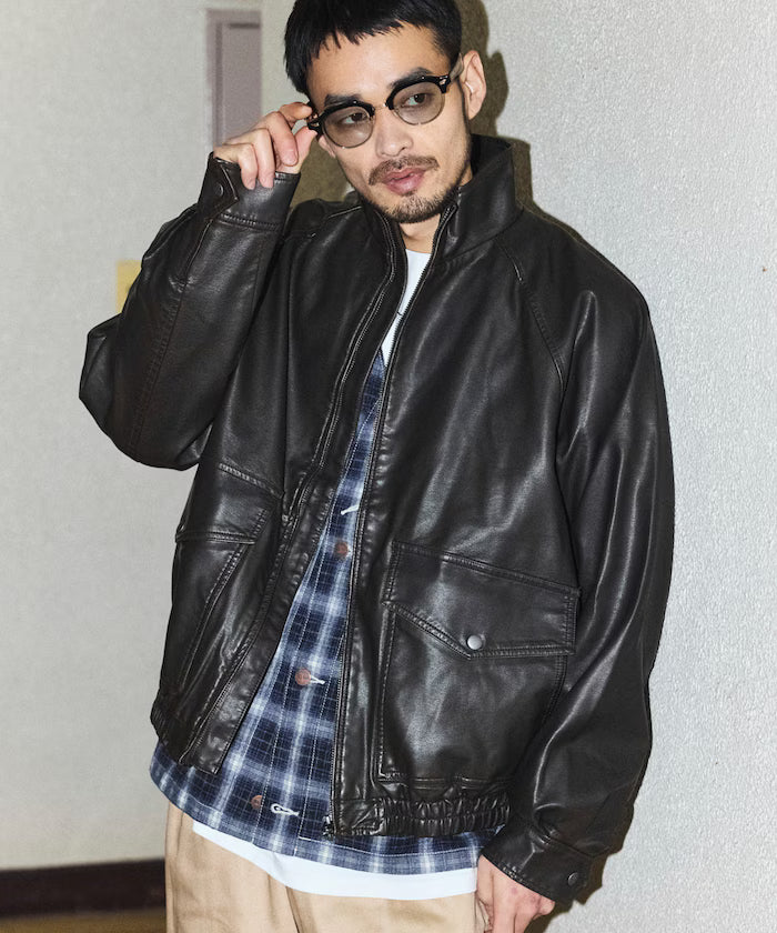 Washed processed leather red stand collar zip-up short blouson - Brown