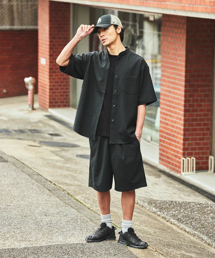 [New Color Added] Quick-Dry Material Relaxed Fit Band Collar Shirt Short Sleeve Linen Feel