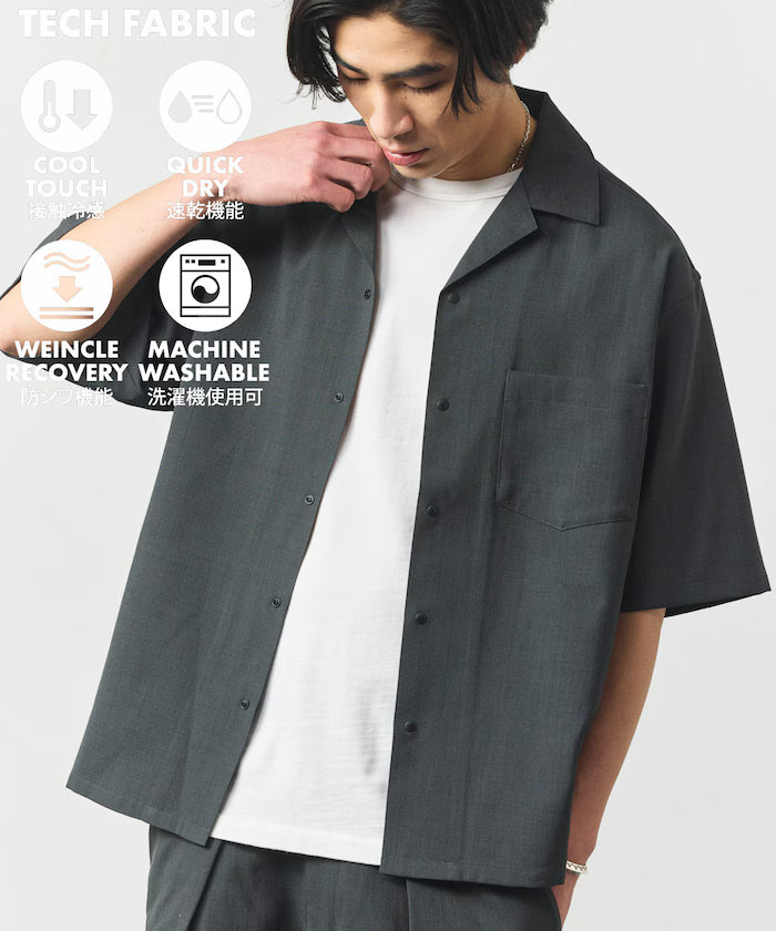 [New Color Addition] Quick-Dry Material Relaxed Fit Open Collar Short Sleeve Shirt Linen-Like - Charcoal Gray