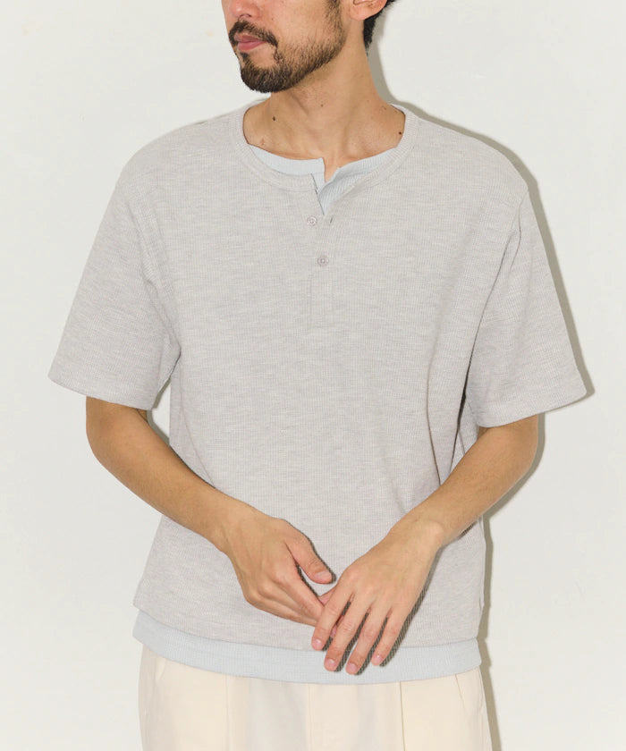 Waffle Fake Layered Henry Neck T-Shirt