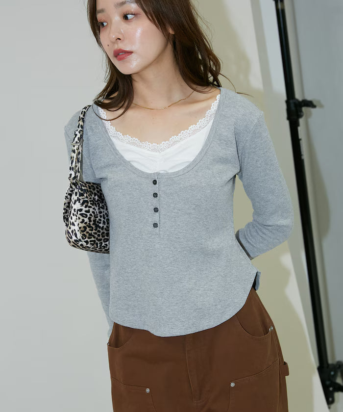 Layered-style henley neck top limited edition