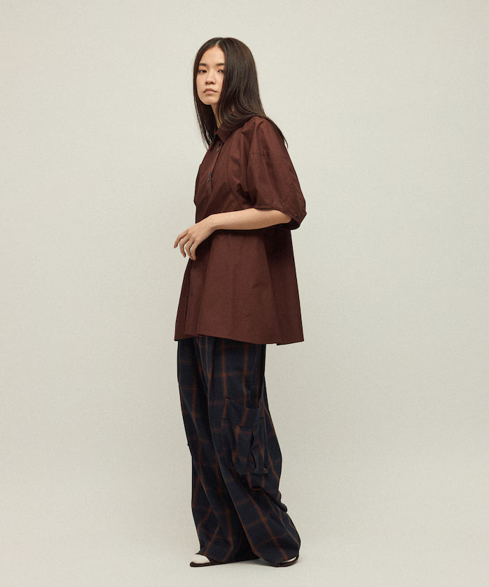 Switching Design Balloon Sleeve Shirt / 5-Minute Sleeve Blouse