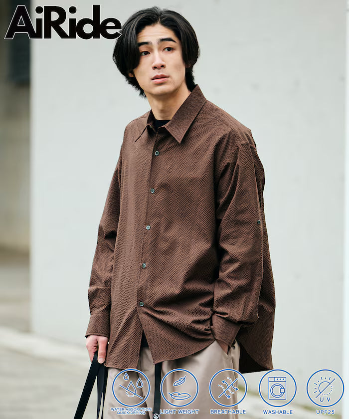 AiRide/Air Ride Relax Fit 2WAY Roll Up Sheer Seersucker Shirt/Pocketable/Quick Dry/UV Cut [Limited Release] - Brown