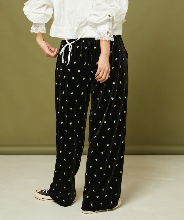 Small Flower Embroidery Velvet Pants