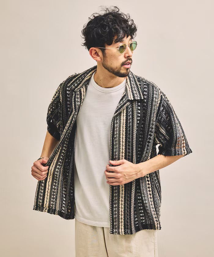 New color added: Indian-made relaxed fit all-over lace multi-stripe open collar short sleeve shirt