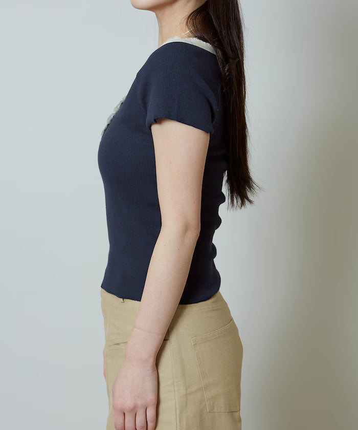 Collar Lace Contrast Henry Rib T-Shirt