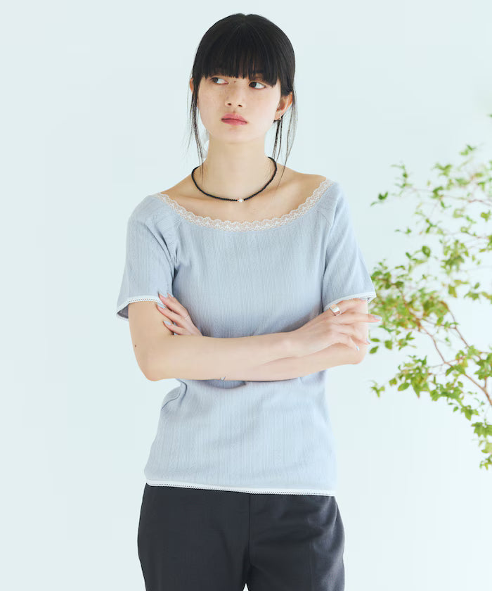 Boat Neck Pullover Knit Lace T-Shirt