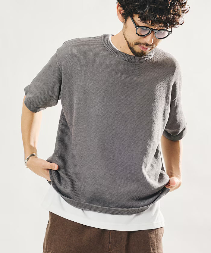 Sheer Knit & Cotton T-Shirt Layered Set