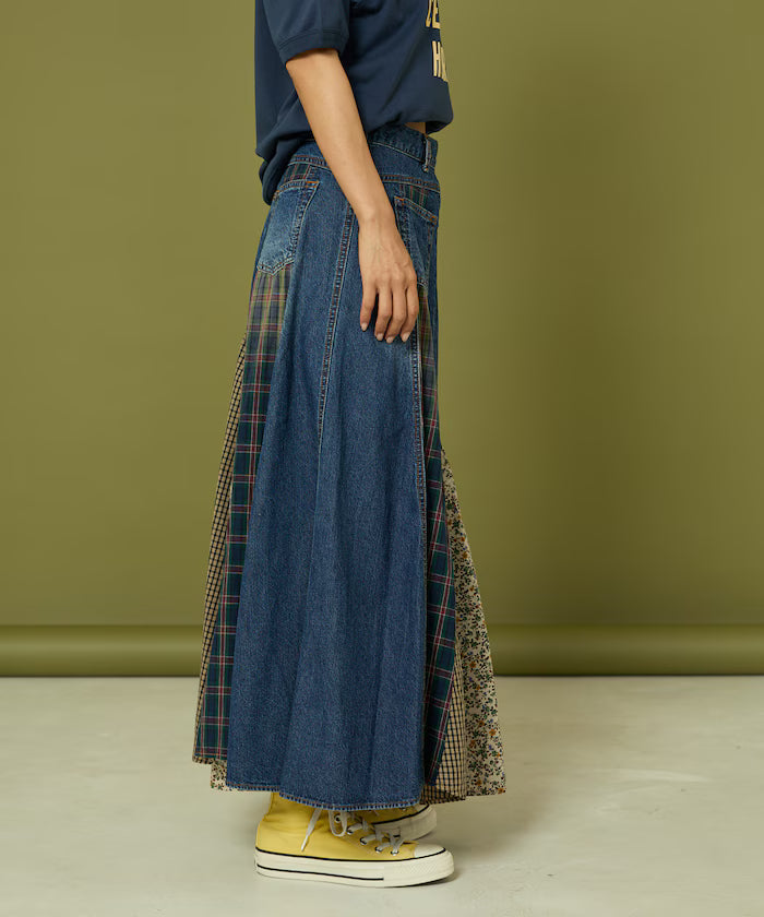 Side Front Denim Color Block Flared Skirt