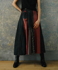 Side Front Denim Color Block Flared Skirt - Black