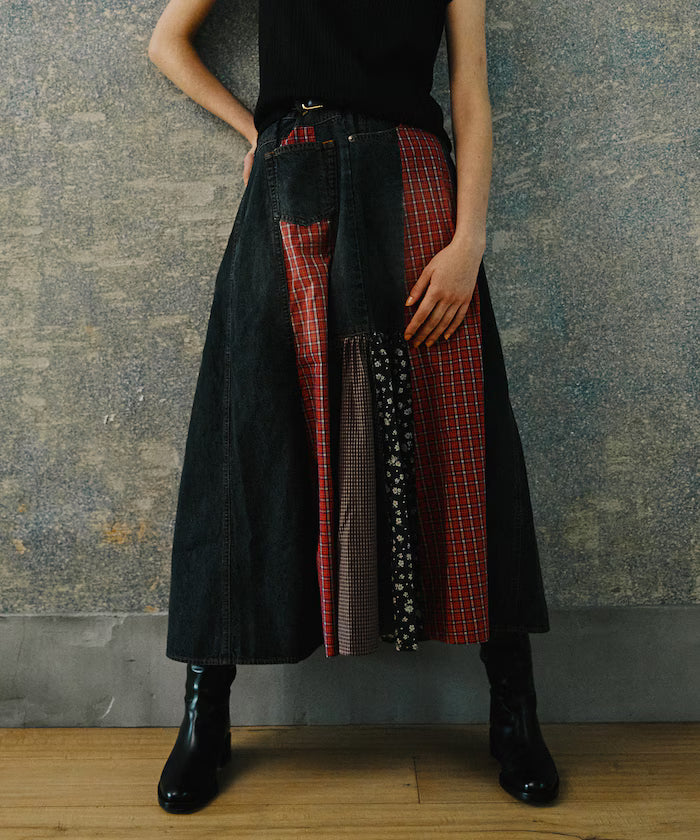 Side Front Denim Color Block Flared Skirt - Black