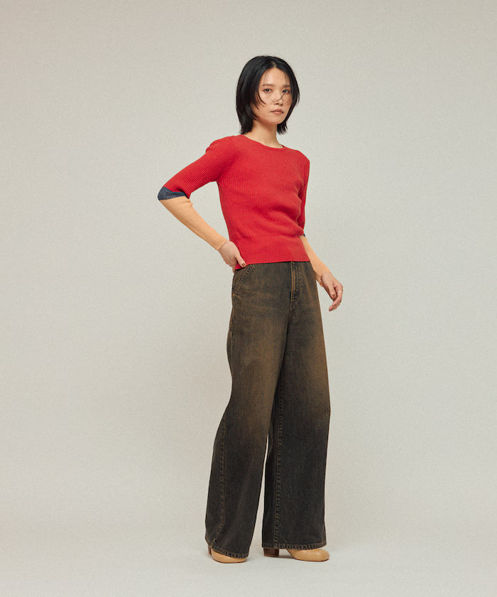 Functional material silk blend color block knit pullover / anti-pill / machine washable