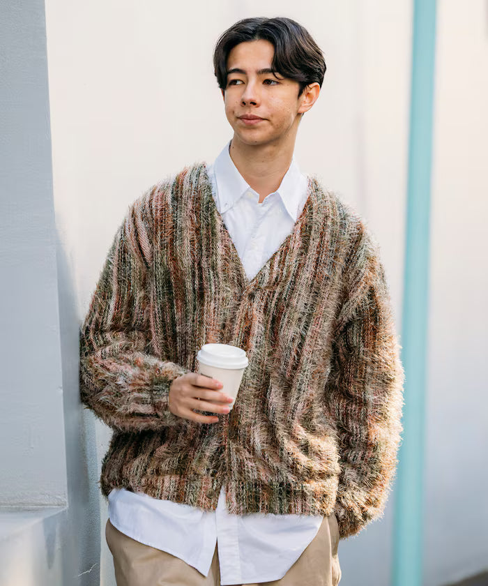 Relaxed Fit Shaggy Knit Multi-Stripe Cardigan