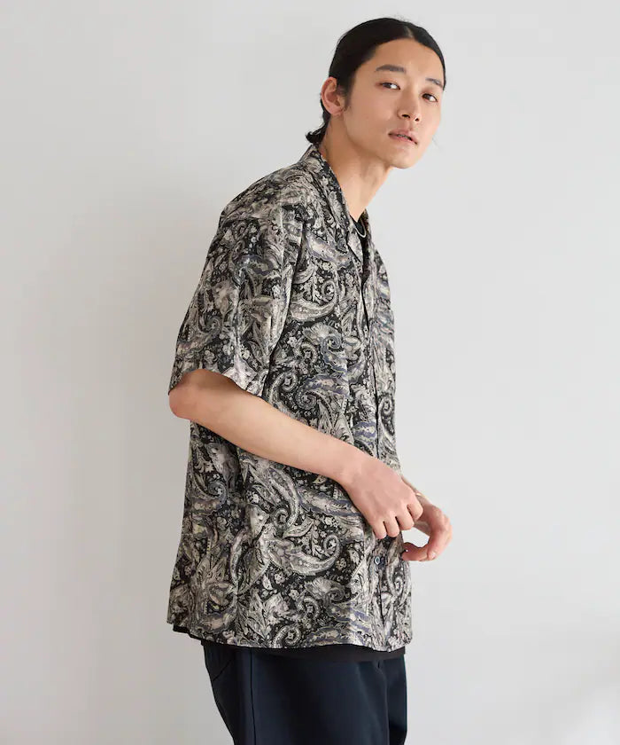 Open collar pattern short sleeve shirt / all-over design open collar shirt / compatible with set-up