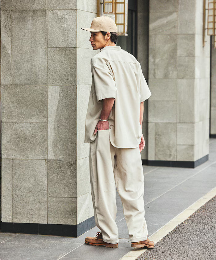 [New Color Added] Quick-Dry Material Relaxed Fit Band Collar Shirt Short Sleeve Linen Feel