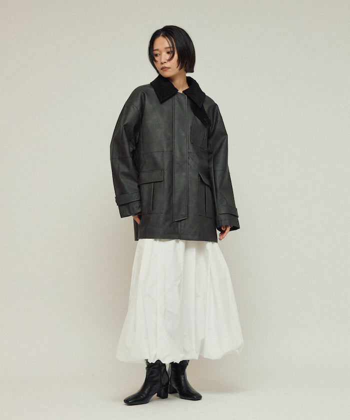 Oversized Crush Leatherette Jacket / Collar Corduroy