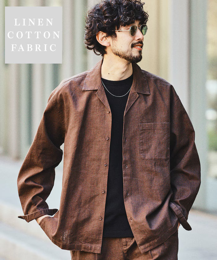 LINEN COTTON OPEN COLLAR SHIRT【Compatible with setups】