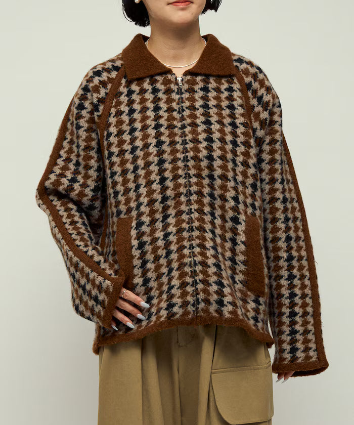 Wool Blend Gancube Check Knit Zip Blouson