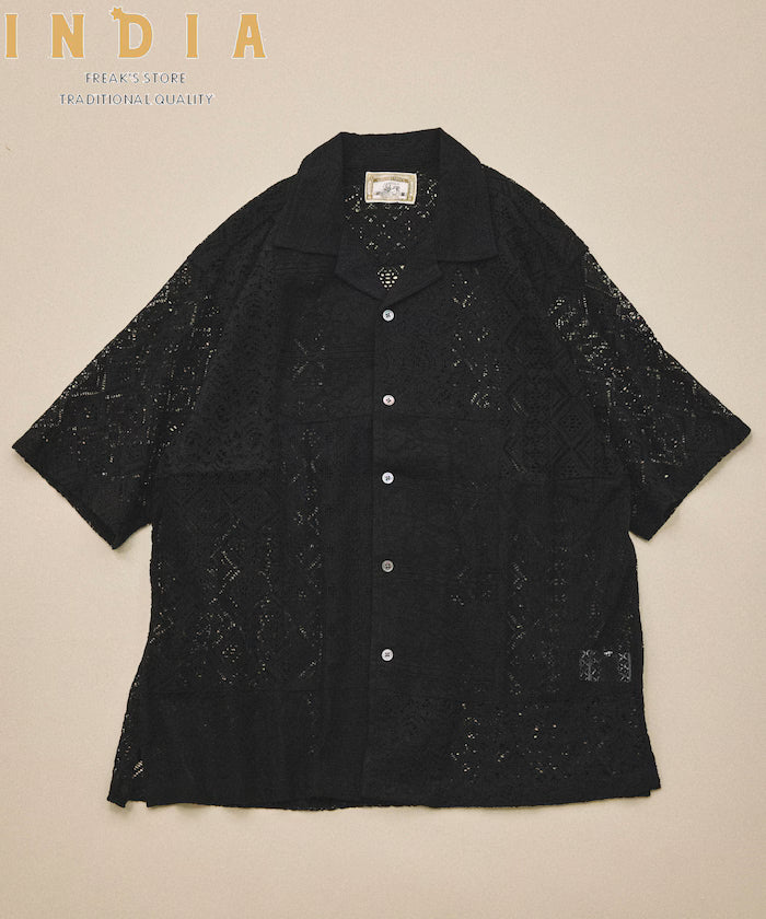 India-made Patchwork Lace Sheer Relaxed Fit Open Collar Shirt Short Sleeve
