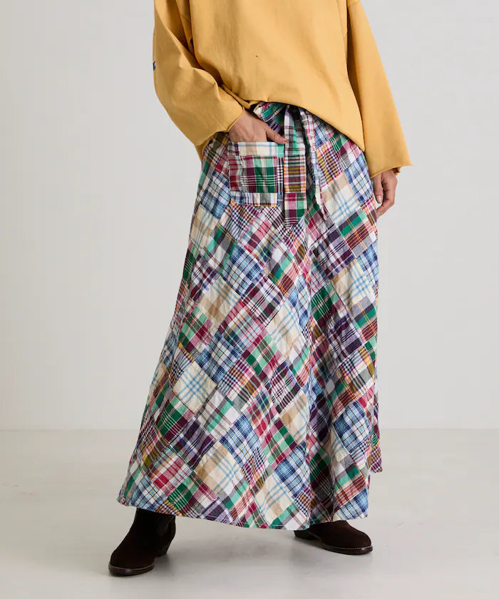 Indian patchwork check wrap skirt - Green