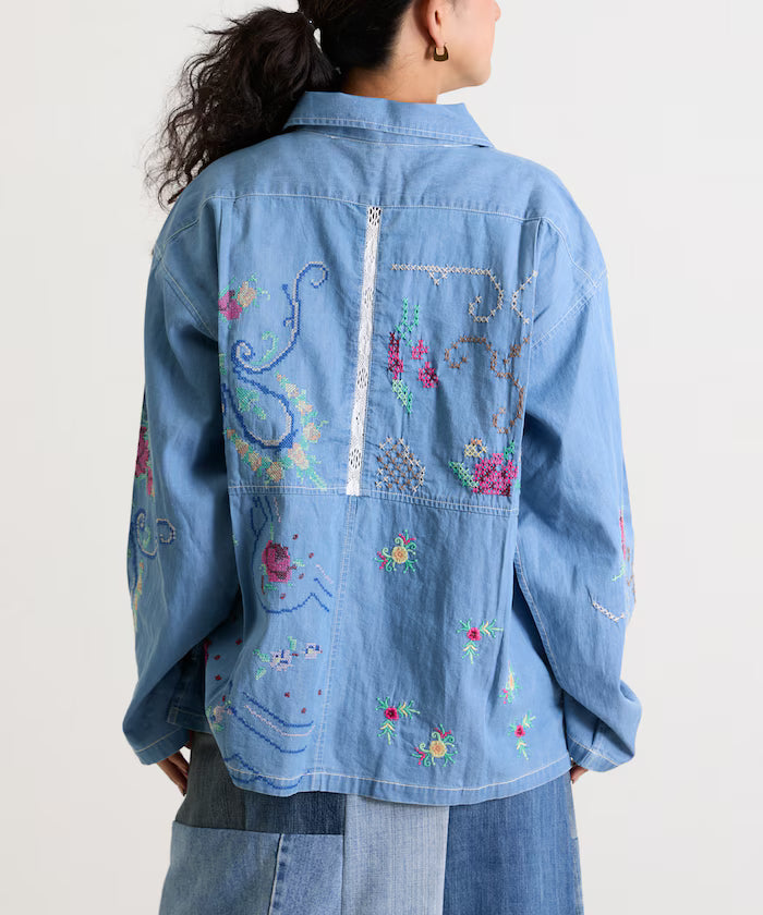 Open Collar Embroidered Shirt Jacket