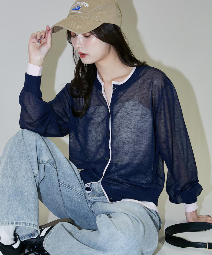 Washable Linen Color Block Sheer Knit Cardigan Limited Edition - Navy