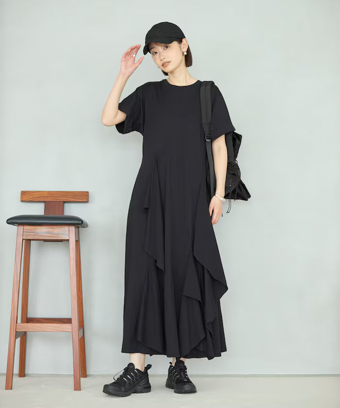 Organic Cotton Draped Flare Dress - Black