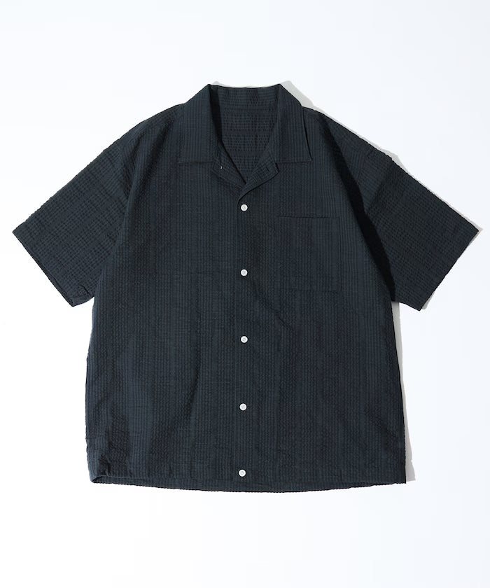 Seersucker Spindle Open Collar Short Sleeve Shirt - Black