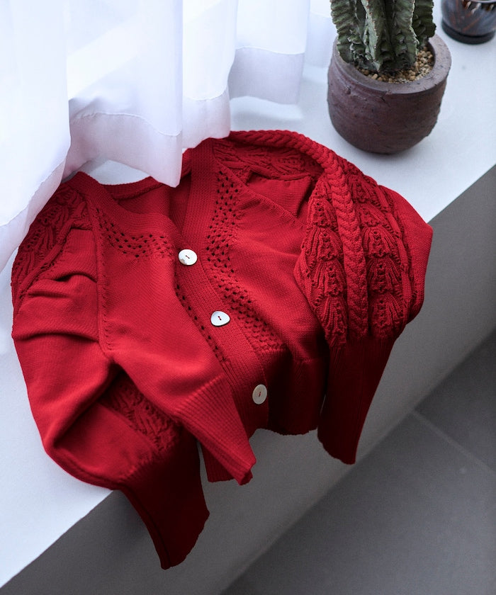 Variation Button Volume Sleeve Cable Knit Cardigan