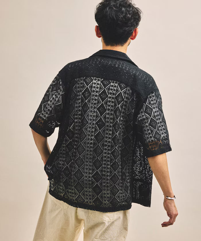 India-made Patchwork Lace Sheer Relaxed Fit Open Collar Shirt Short Sleeve