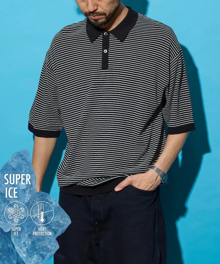 [New Color Added] SUPER ICE / Super Ice Short Sleeve Polo Neck Knit / Contact Cold Sensation - Border (BLK×WHT)