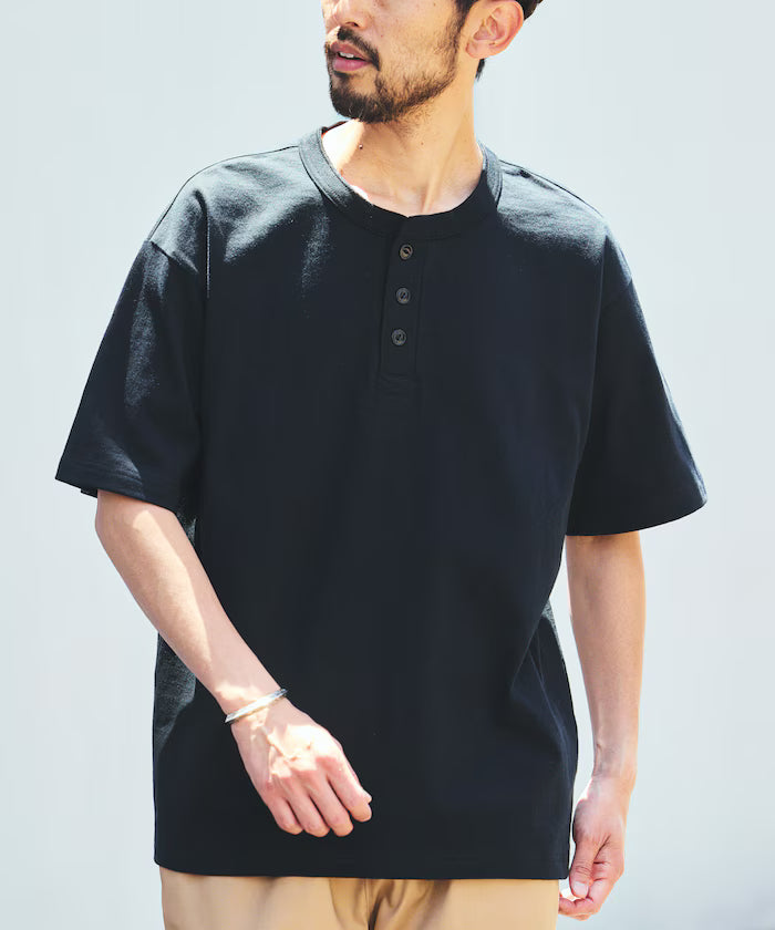 HEAVY WEIGHT/Heavy Weight Short Sleeve Henley Neck T-shirt/10.5 oz - Black