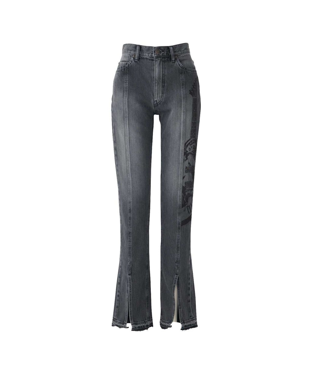 Guitar Girl Center Slit Denim Pants - Black