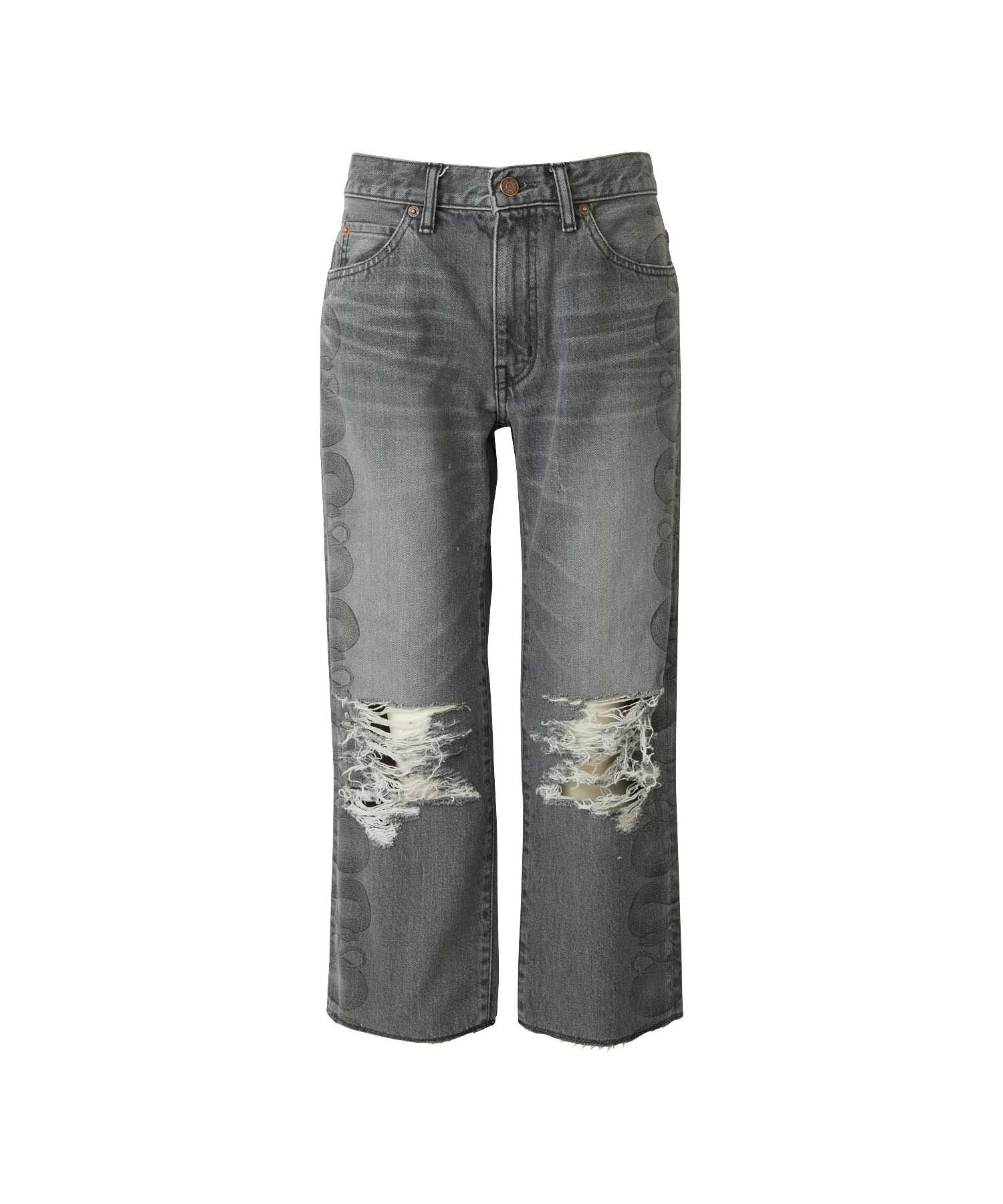Snake Loop 8 Length Crushed Denim Pants - Black