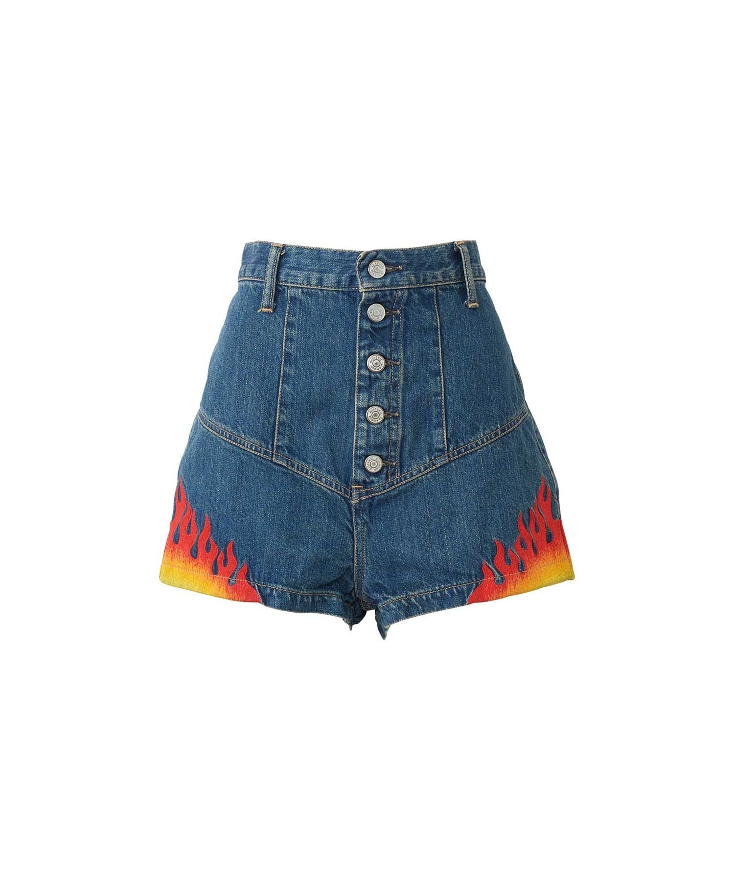 Fire Pattern Embroidered High-Rise Denim Shorts - Light Indigo Blue