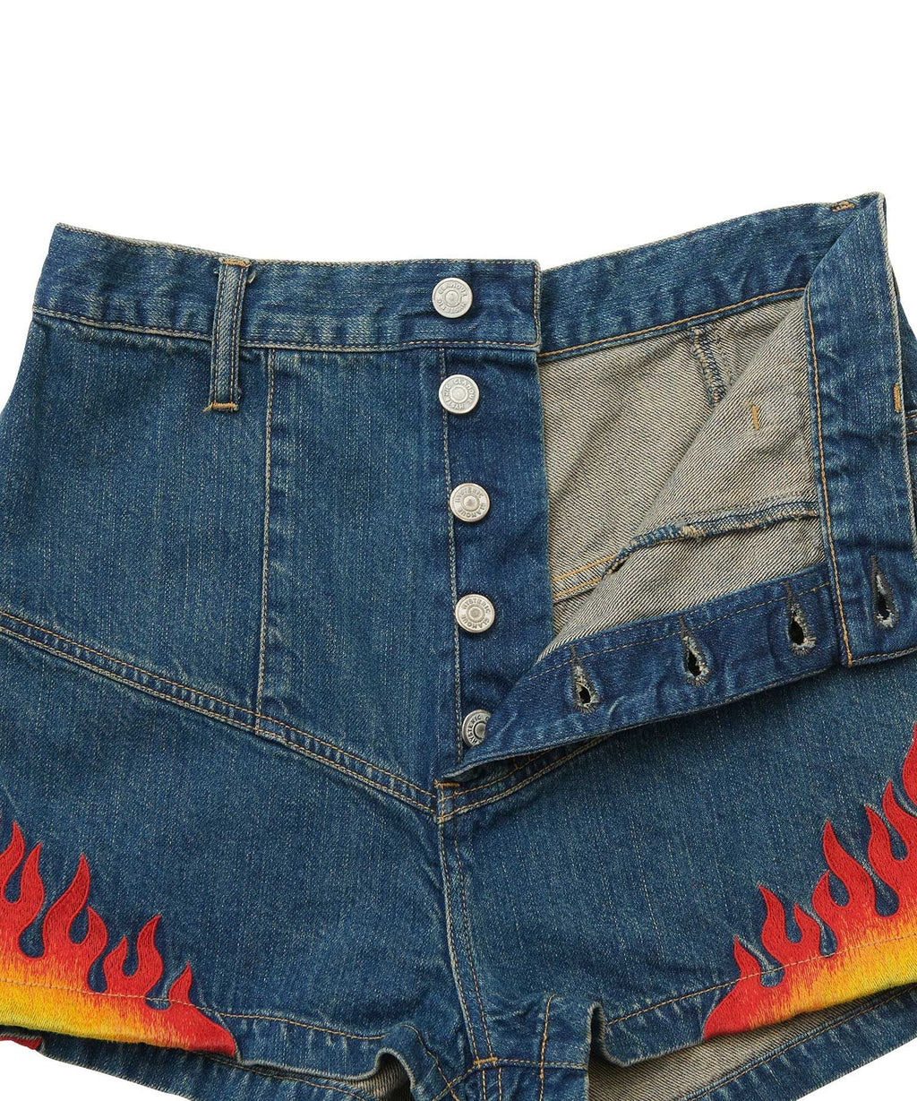 Fire Pattern Embroidered High-Rise Denim Shorts