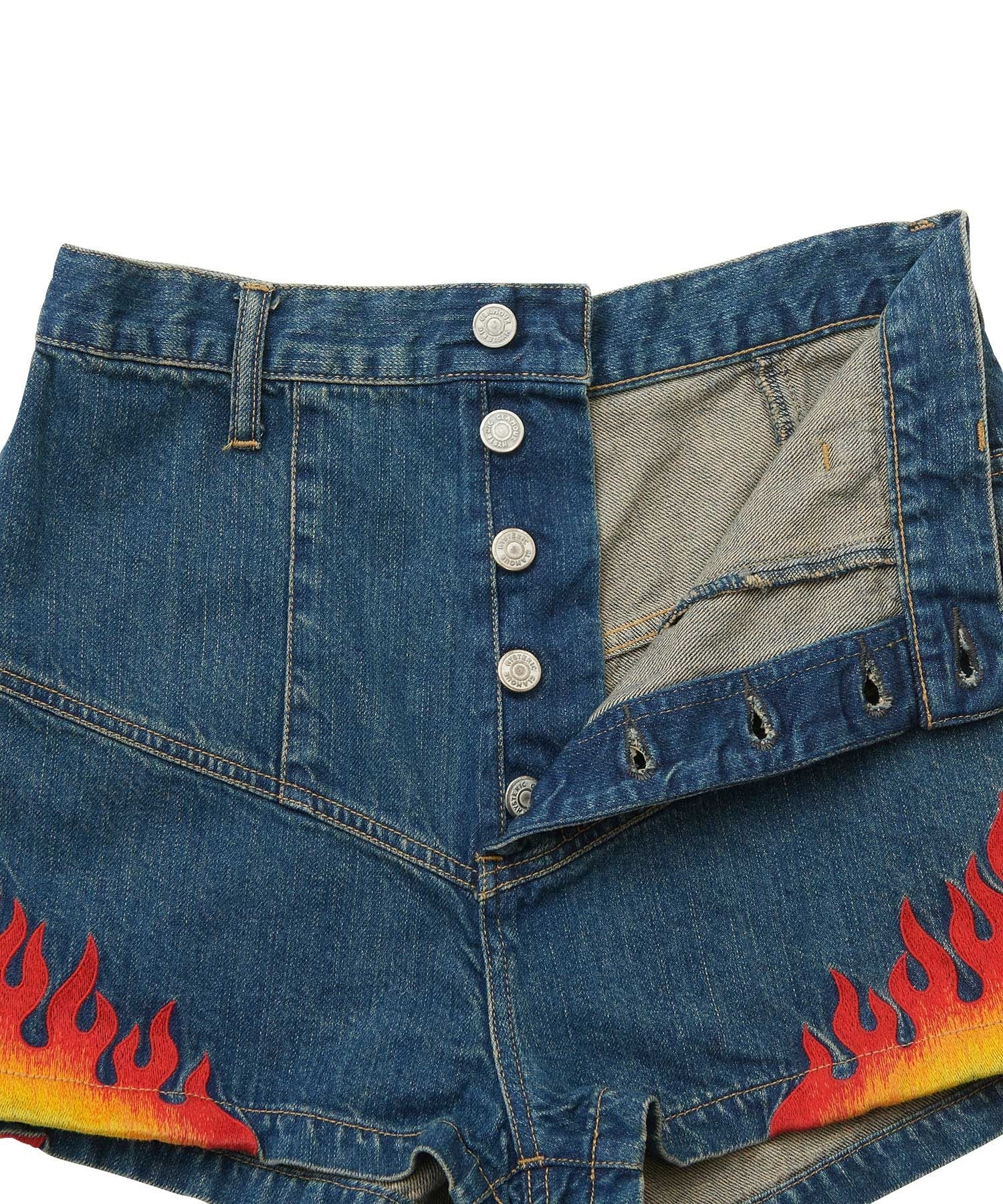 Fire Pattern Embroidered High-Rise Denim Shorts