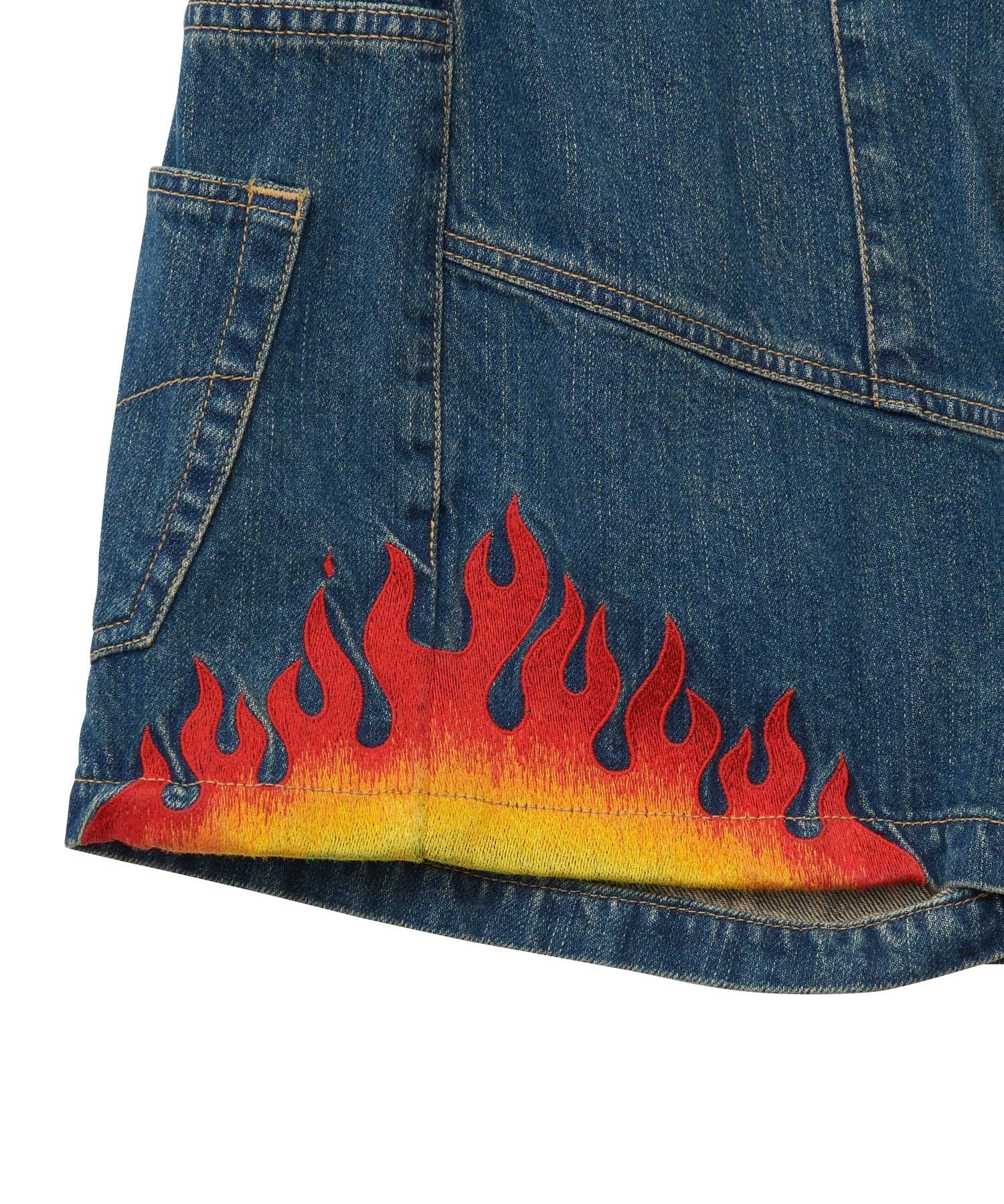 Fire Pattern Embroidered High-Rise Denim Shorts