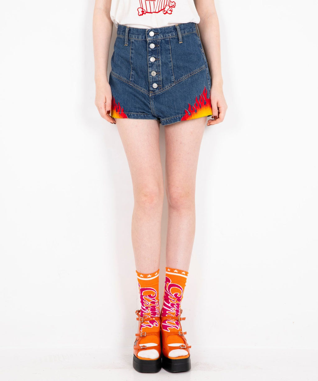 Fire Pattern Embroidered High-Rise Denim Shorts