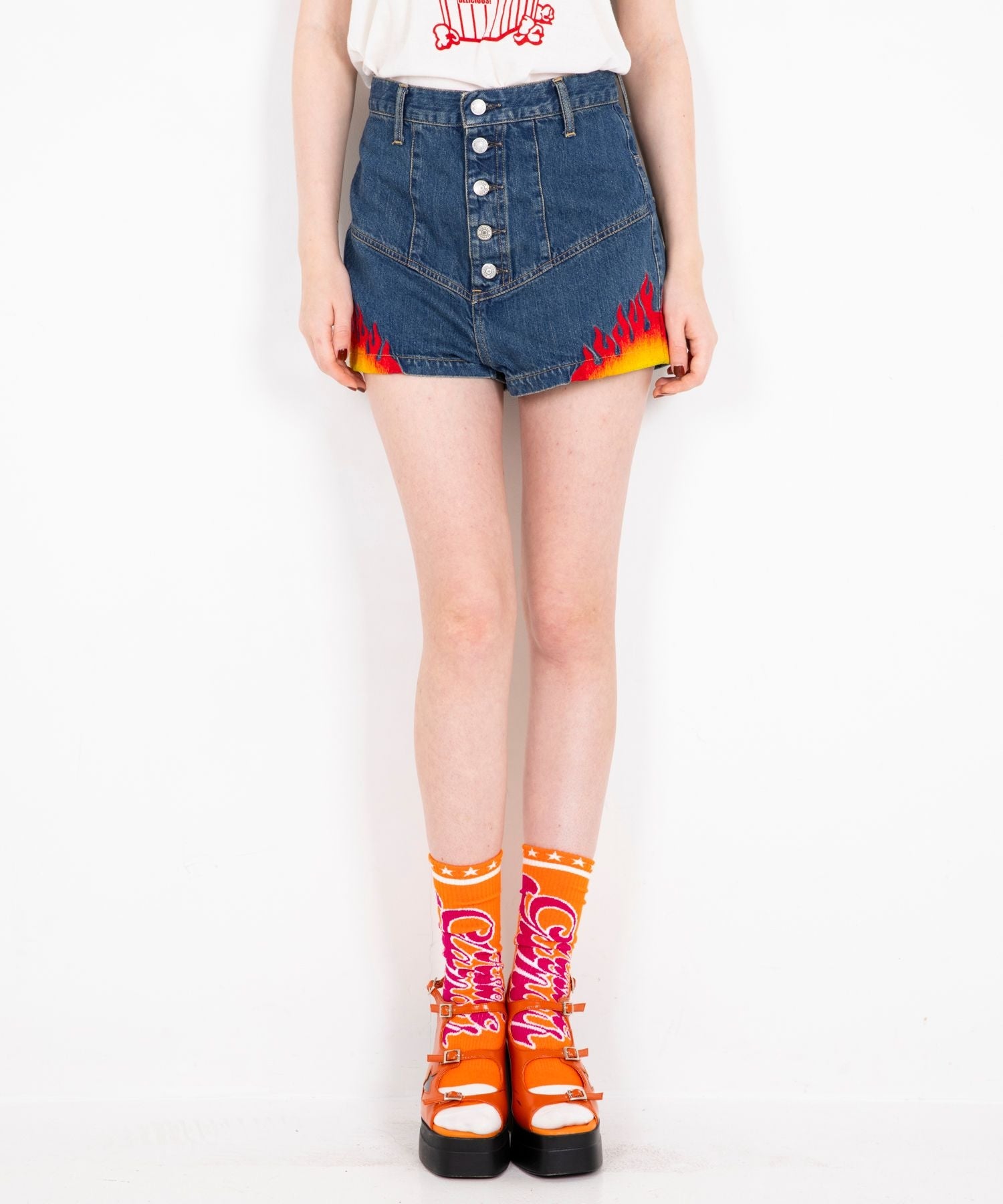 Fire Pattern Embroidered High-Rise Denim Shorts