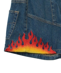 Fire Pattern Embroidered High-Rise Denim Shorts