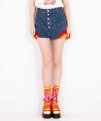 Fire Pattern Embroidered High-Rise Denim Shorts