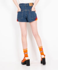 Fire Pattern Embroidered High-Rise Denim Shorts
