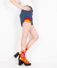 Fire Pattern Embroidered High-Rise Denim Shorts