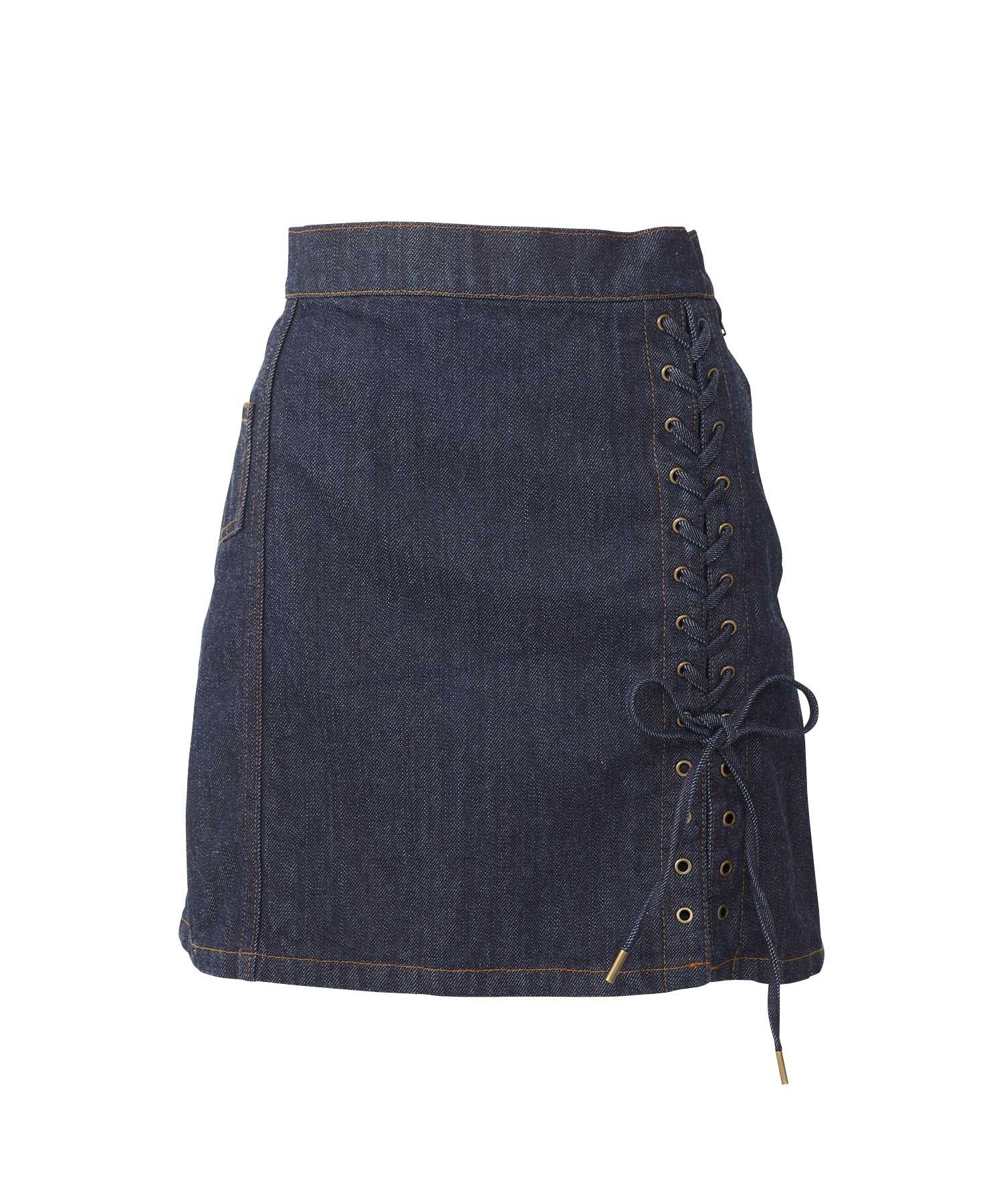 APPLE PANDA Embroidered Side Lace-Up Denim Mini Skirt - Light Indigo Blue