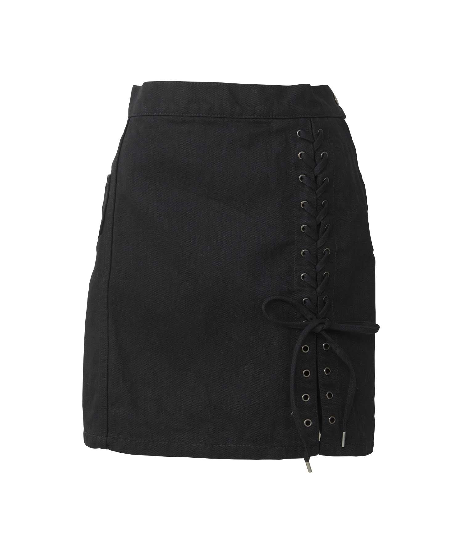APPLE PANDA Embroidered Side Lace-Up Denim Mini Skirt - Black